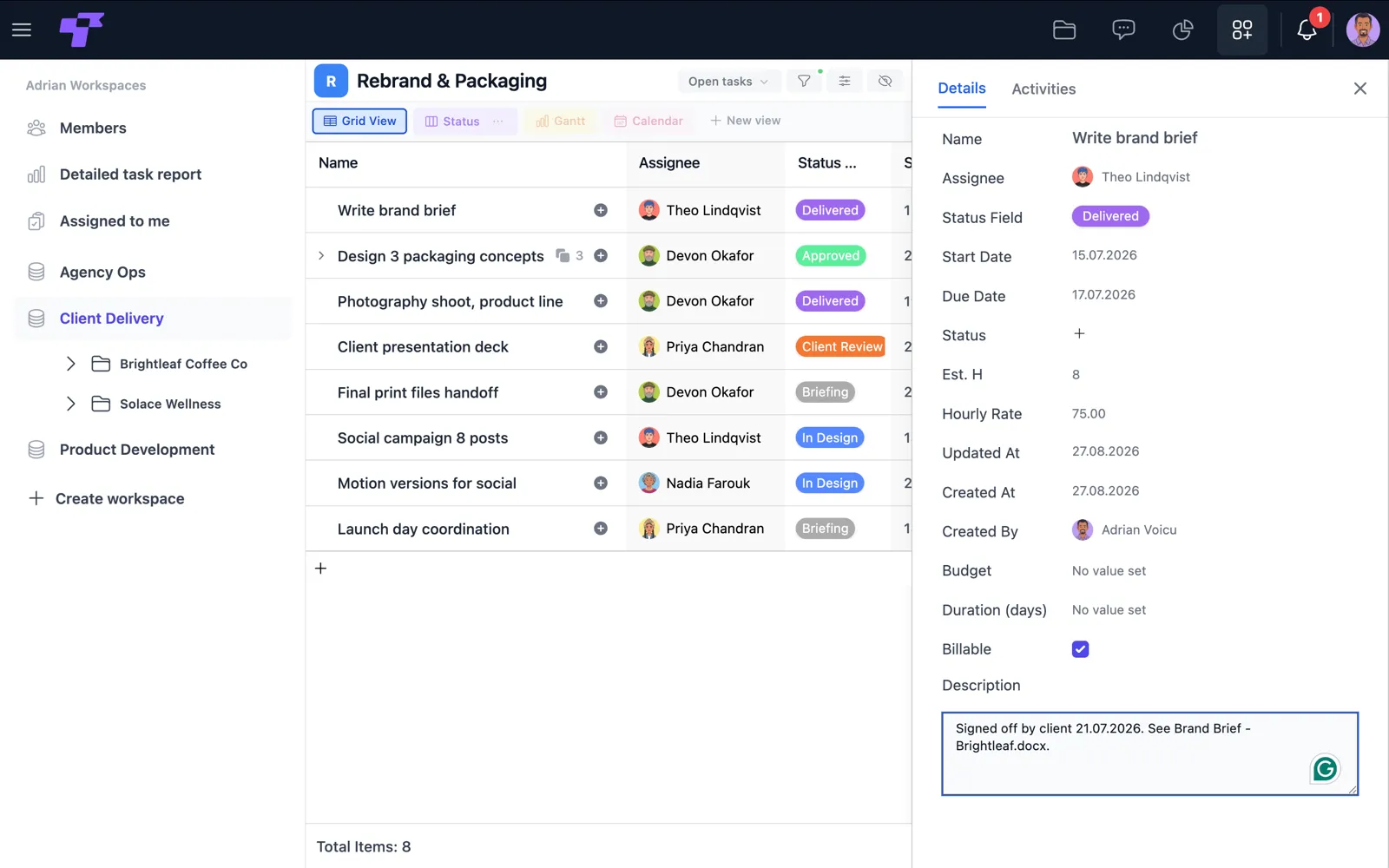 A Twigex Apps & Projects board tracking a rebrand and packaging project, with task details, status, and billing fields open