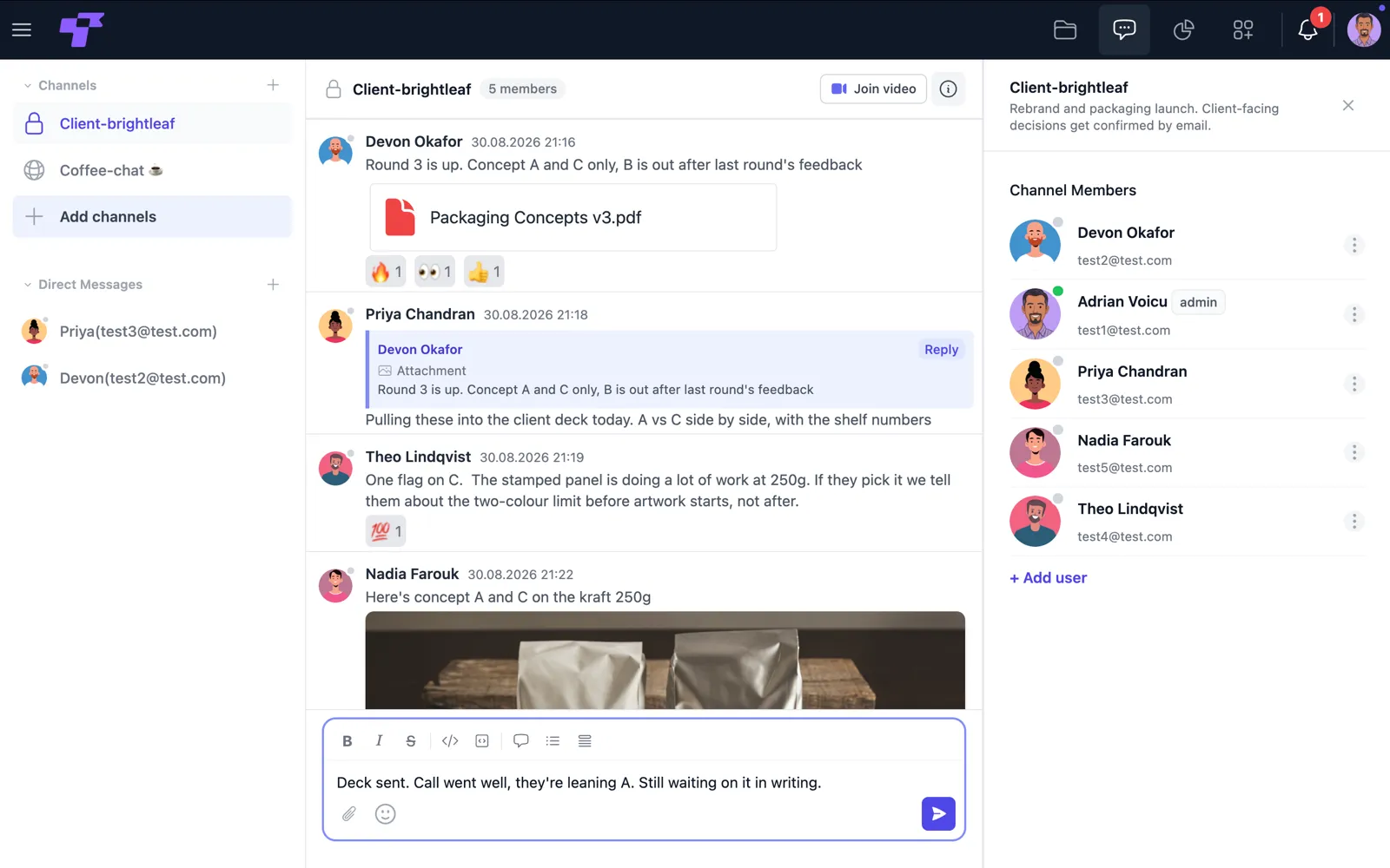 A private Twigex Chat channel with a client team discussing packaging concepts, a shared PDF attachment, and message reactions