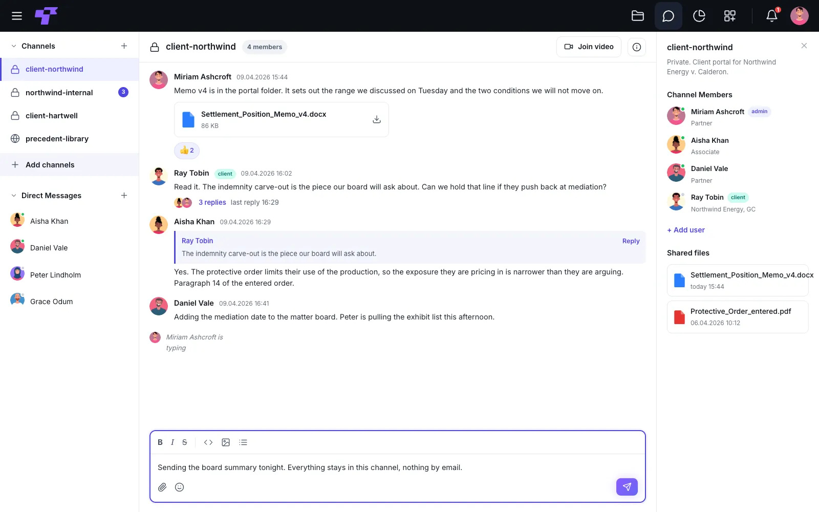 A private client portal channel in Twigex Chat where a law firm and its client's general counsel discuss a settlement position, citing a specific paragraph of a protective order