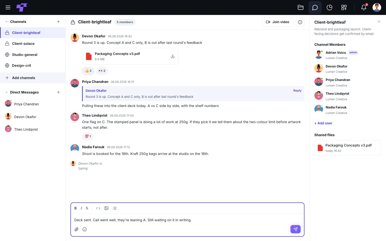 A private client channel in Twigex Chat, showing a rebrand campaign discussion that never leaves the workspace