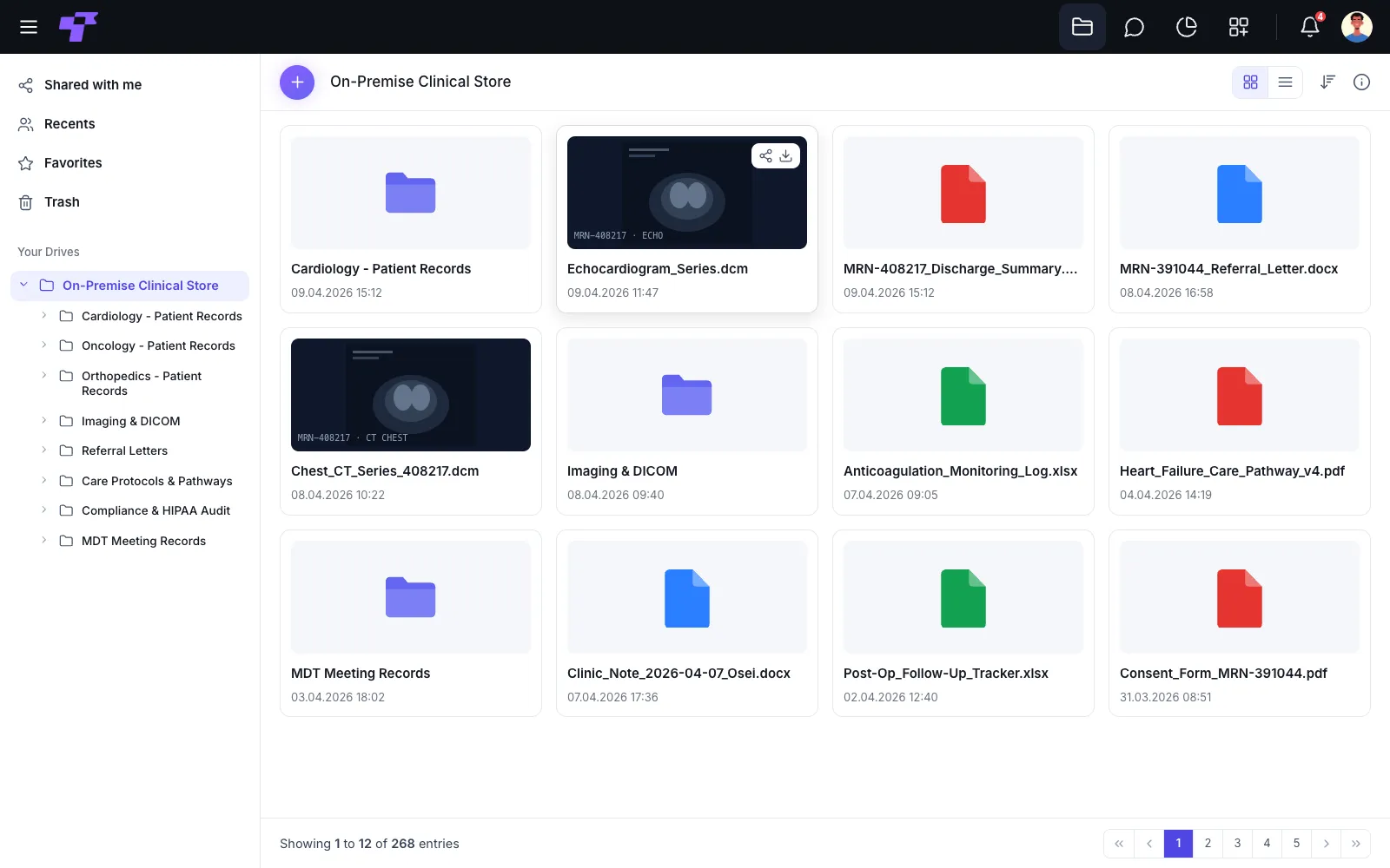 Twigex Files showing an on-premise clinical store with separate folders for cardiology, oncology, and orthopedics patient records, imaging, and HIPAA compliance documentation