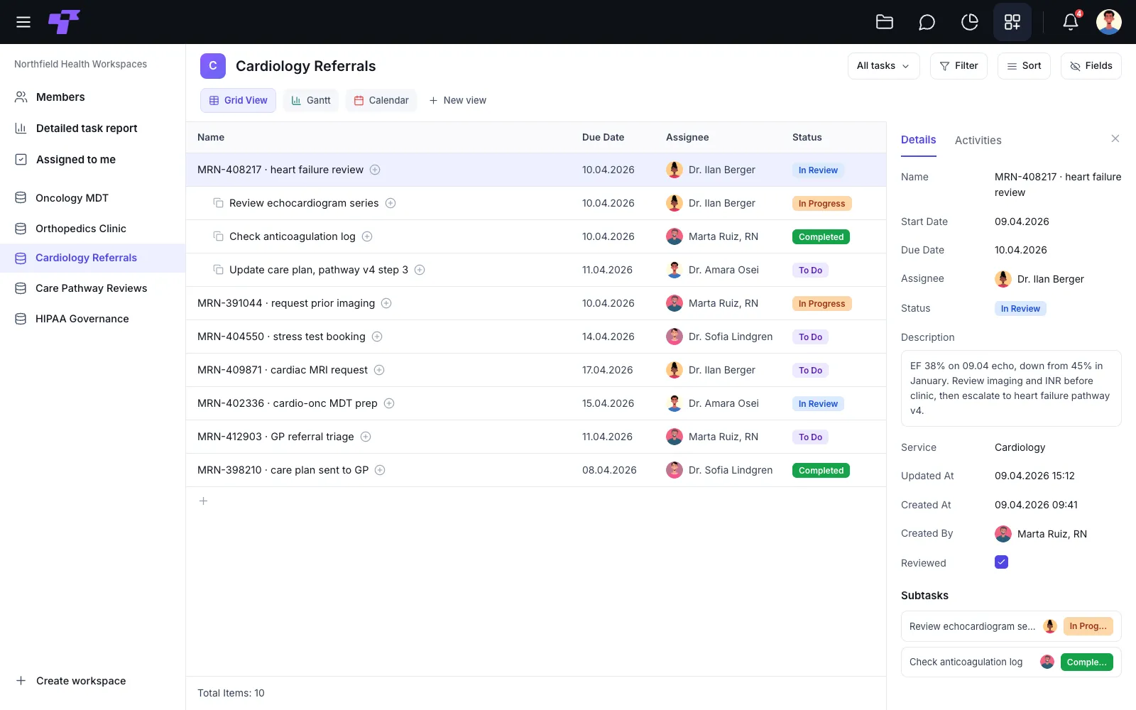 A Twigex Apps & Projects board tracking a cardiology referral from initial review through subtasks like echocardiogram review and anticoagulation log checks
